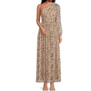 GIANNI BINI Leopard Print Maxi Dress One Shoulder Long Sleeve Party‎ Size 6 New